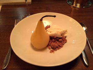 Poached Pear with Vanilla Parsnip Ice Cream